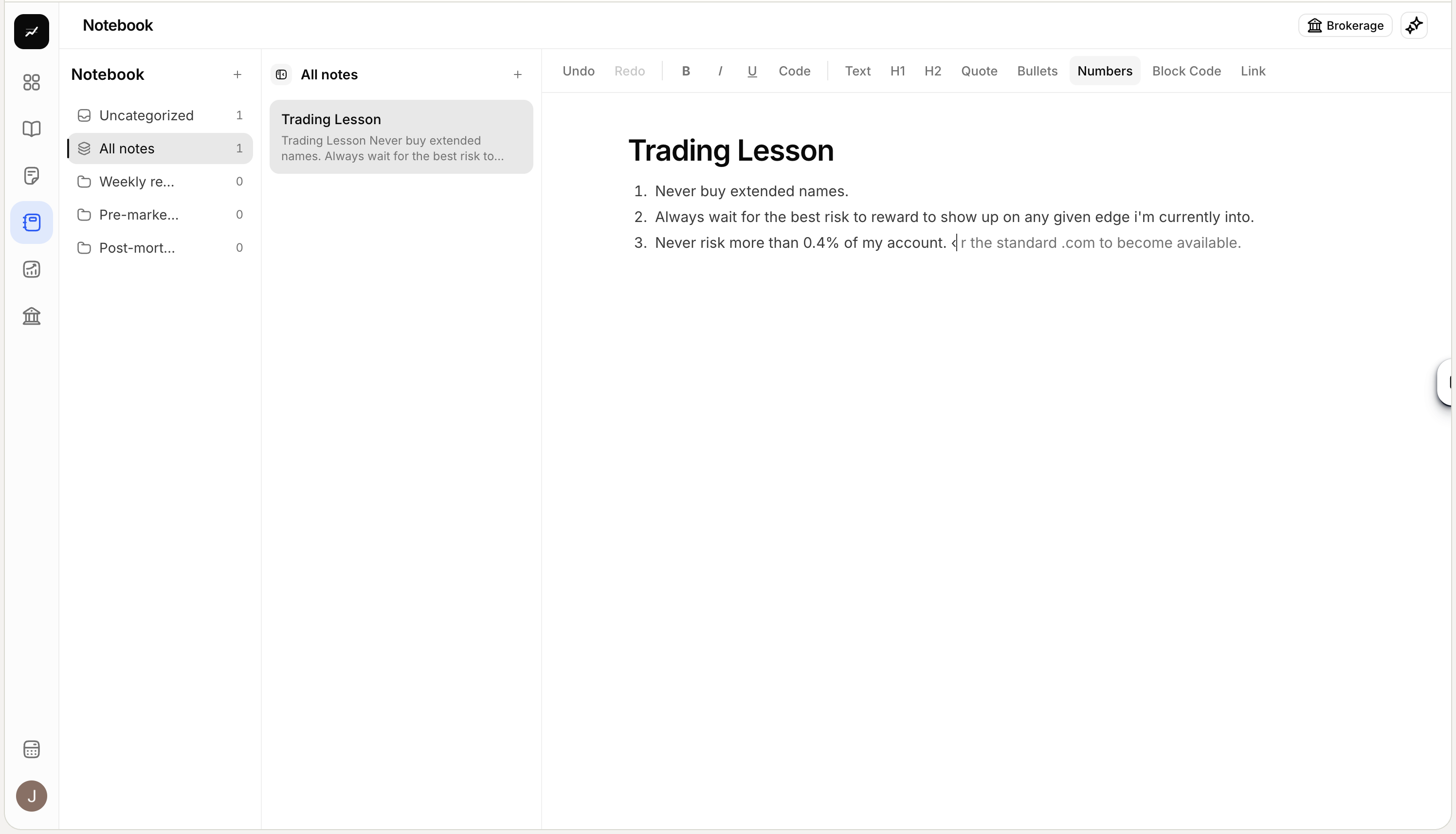 The notebook, with a trading lesson written as a numbered list